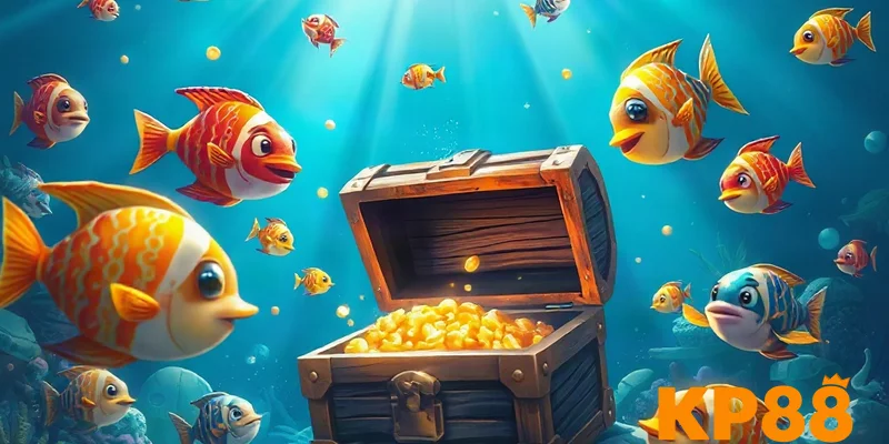 Hình ảnh minh họa game bắn cá ăn xu KP88 với cá nhiều màu và rương kho báu