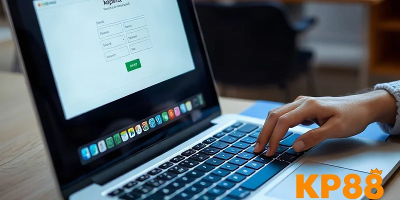 Người dùng đang thao tác đăng nhập KP88 trên laptop trong không gian làm việc hiện đại