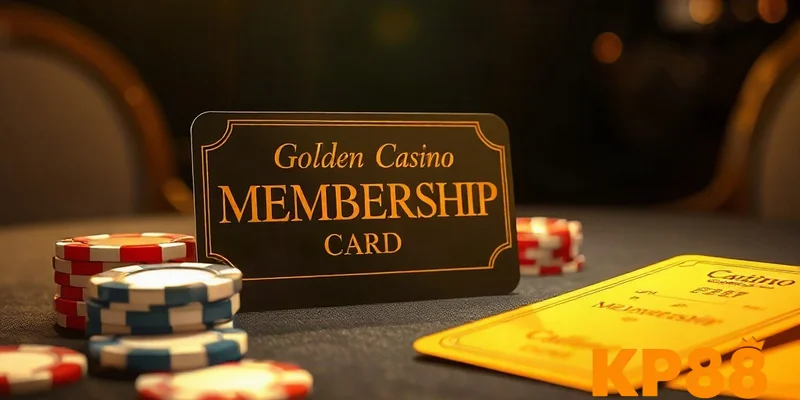 Thẻ thành viên KP88 đặt cạnh chip casino trên bàn sang trọng, minh họa lợi ích thành viên