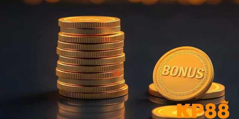 Chồng xu vàng và token thưởng minh họa ưu đãi tài chính cho thành viên KP88