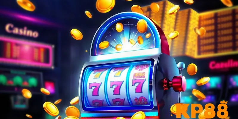 Máy nổ hũ KP88 với những đồng xu vàng bắn ra, nền casino tối, phong cách kỹ thuật số